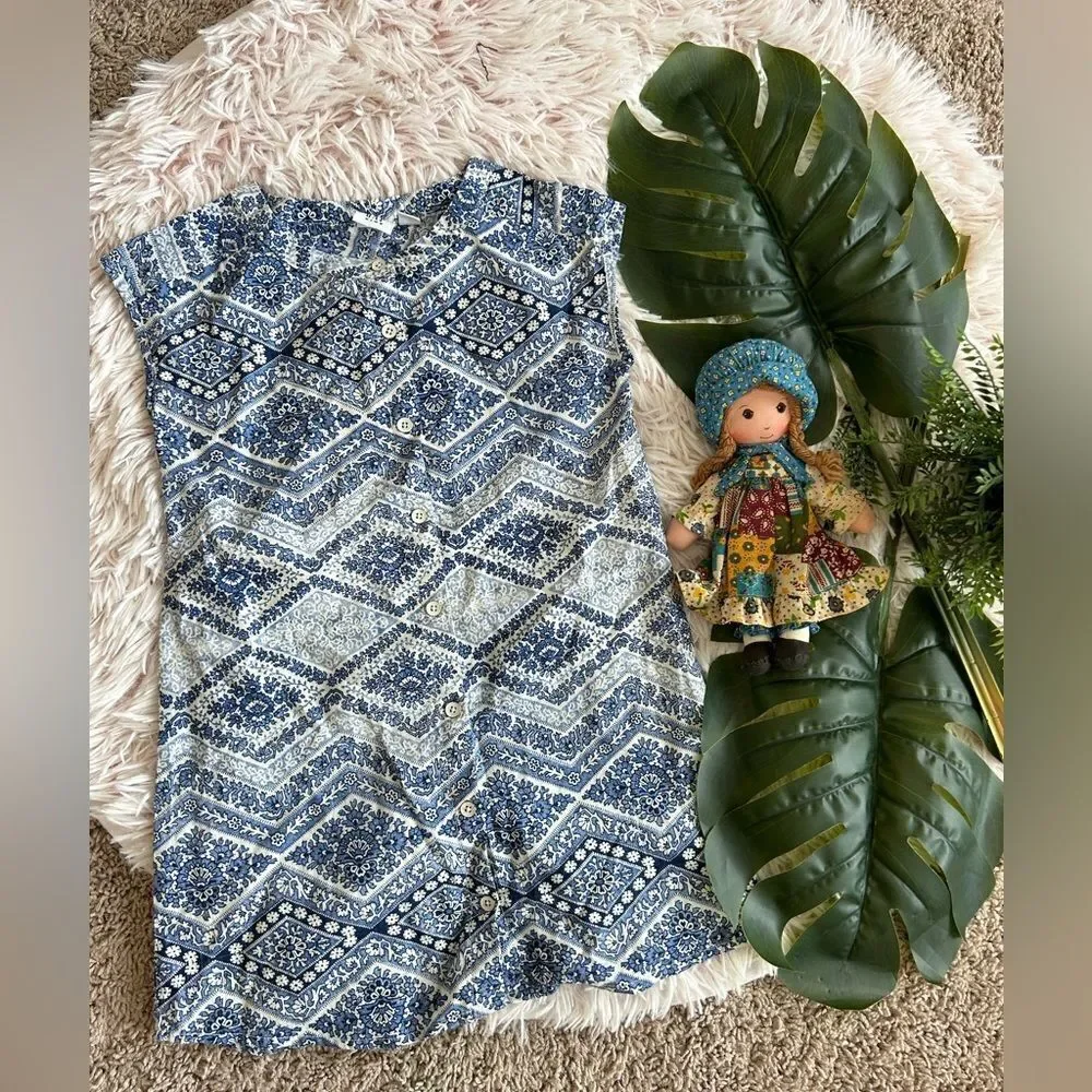 Gaps Kids Blue Off White Floral Paisley Chevron 100% Cotton Button Up Dress XS 4